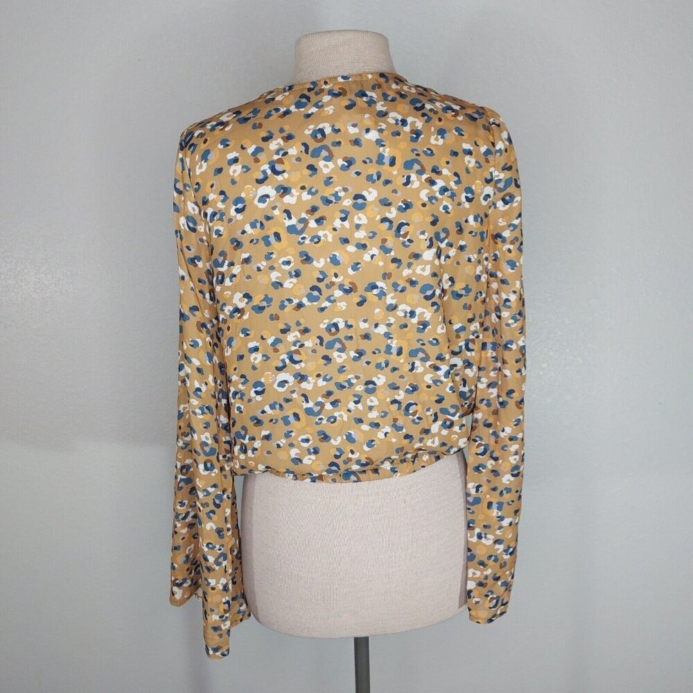 Sadie & Sage Blouse Women Medium Camel Brown Blue Boho Plunge V Neck Flare - Picture 5 of 12